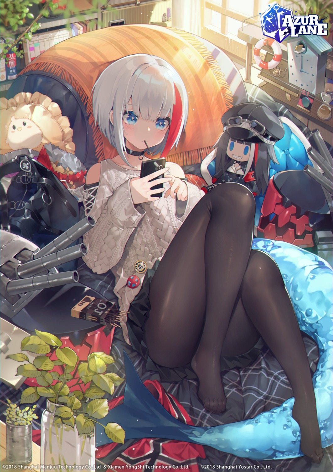 admiral_graf_spee_(azur_lane) akizone azur_lane chibi deutschland_(azur_lane) feet manjuu_(azur_lane) pantyhose skirt_lift sweater thighhighs