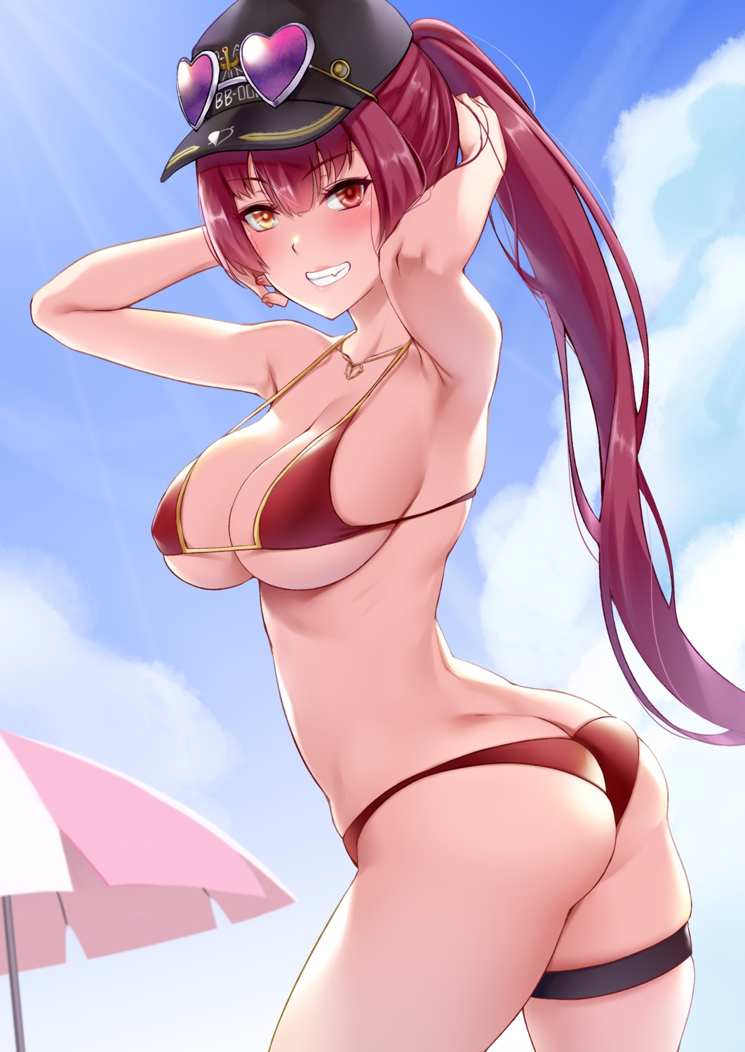 ass bikini darkmaya erect_nipples garter heterochromia hololive houshou_marine megane swimsuits thong