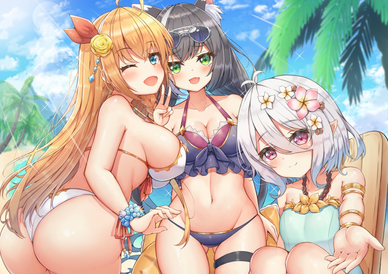 animal_ears ass bikini cleavage erect_nipples garter karyl_(princess_connect) kokkoro megane nekomimi pecorine pointy_ears princess_connect princess_connect!_re:dive ryakusun swimsuits tail thong