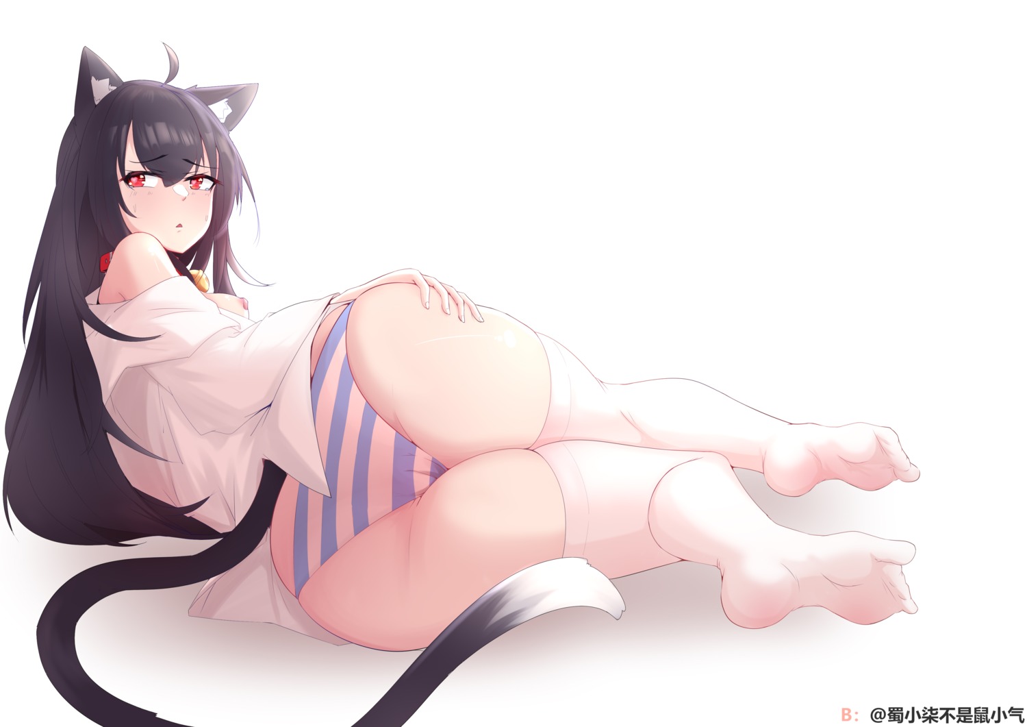 animal_ears ass breasts cameltoe dress_shirt feet hinanawi_mika nekomimi nipples no_bra open_shirt pantsu shimapan tail thighhighs