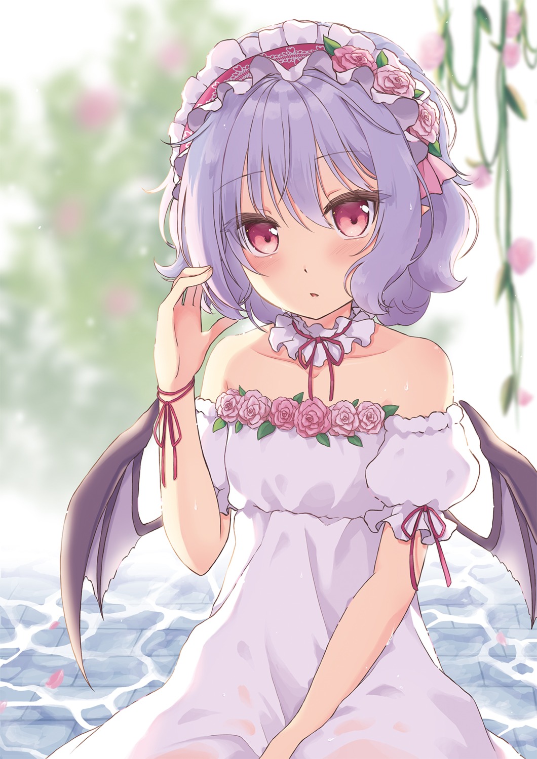 beni_kurage dress pointy_ears remilia_scarlet see_through touhou wet wet_clothes wings