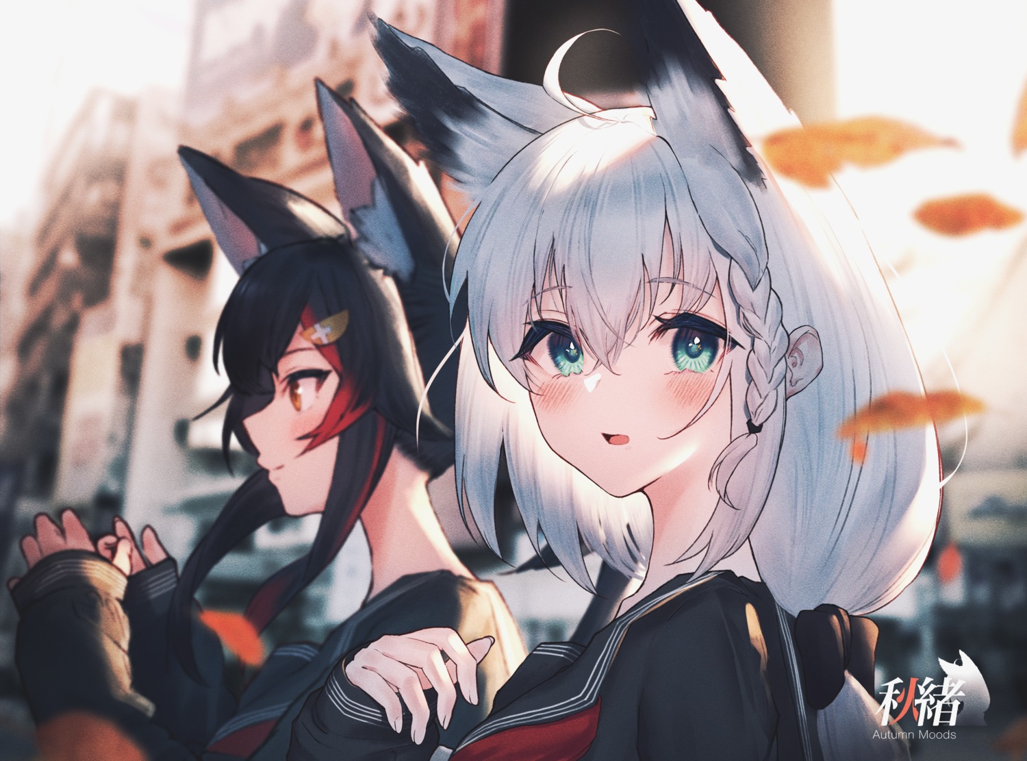 animal_ears hololive hololive_gamers kitsune ookami_mio seifuku senriyama shirakami_fubuki