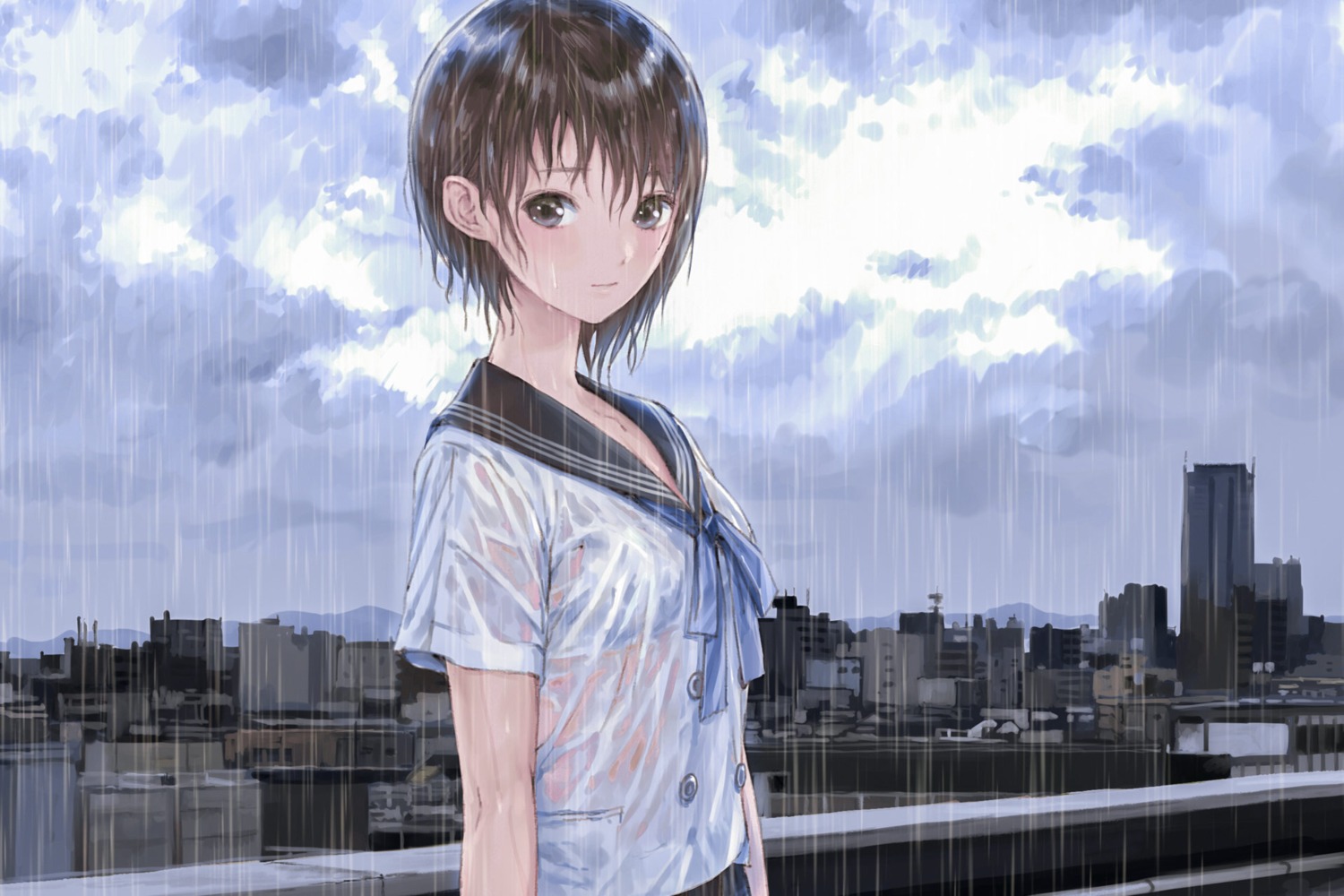 blue_reflection bra gust_(company) kishida_mel see_through seifuku shirai_hinako wet wet_clothes