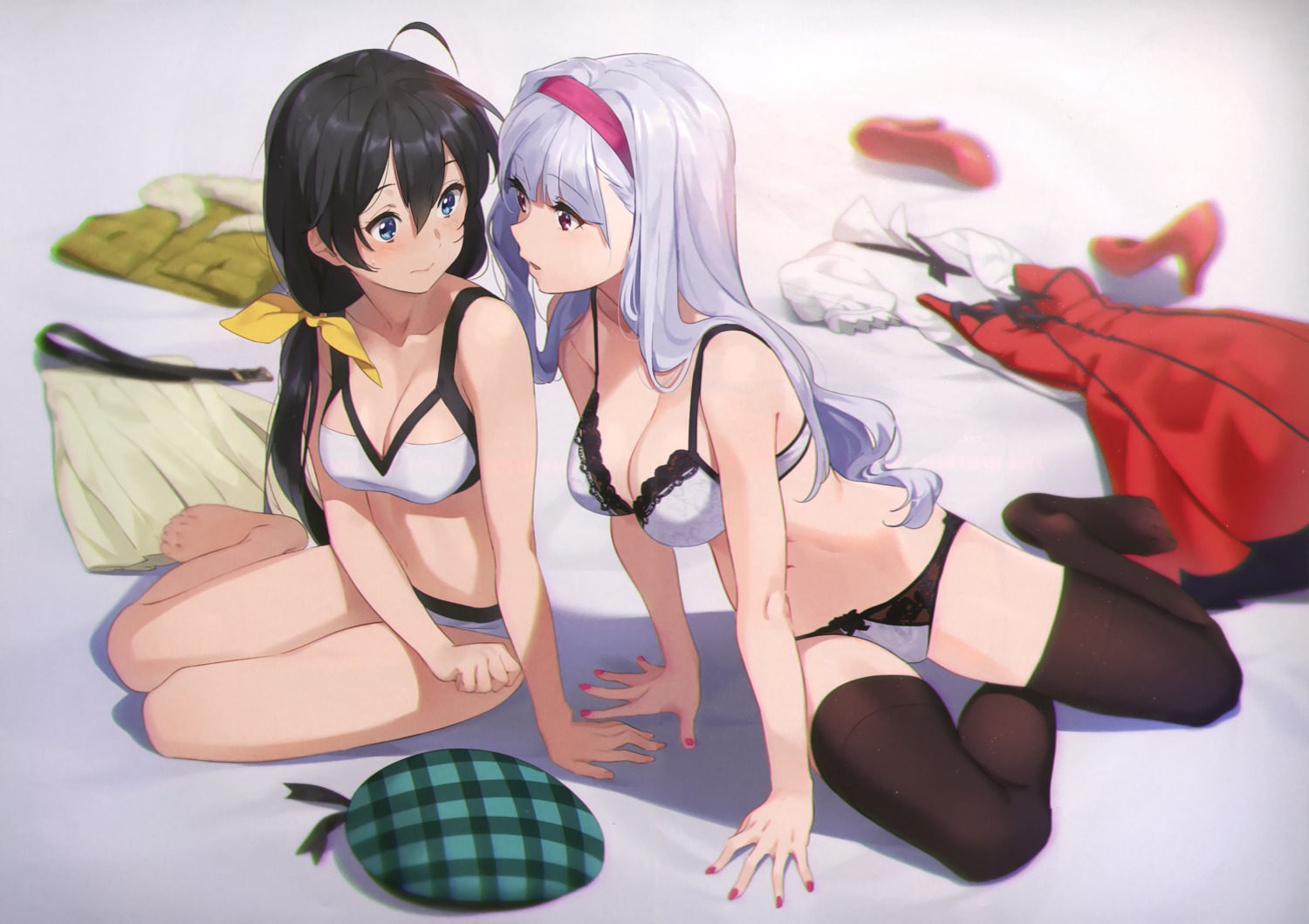 bra cleavage ganaha_hibiki kamo_kamen pantsu shijou_takane the_idolm@ster thighhighs yuri