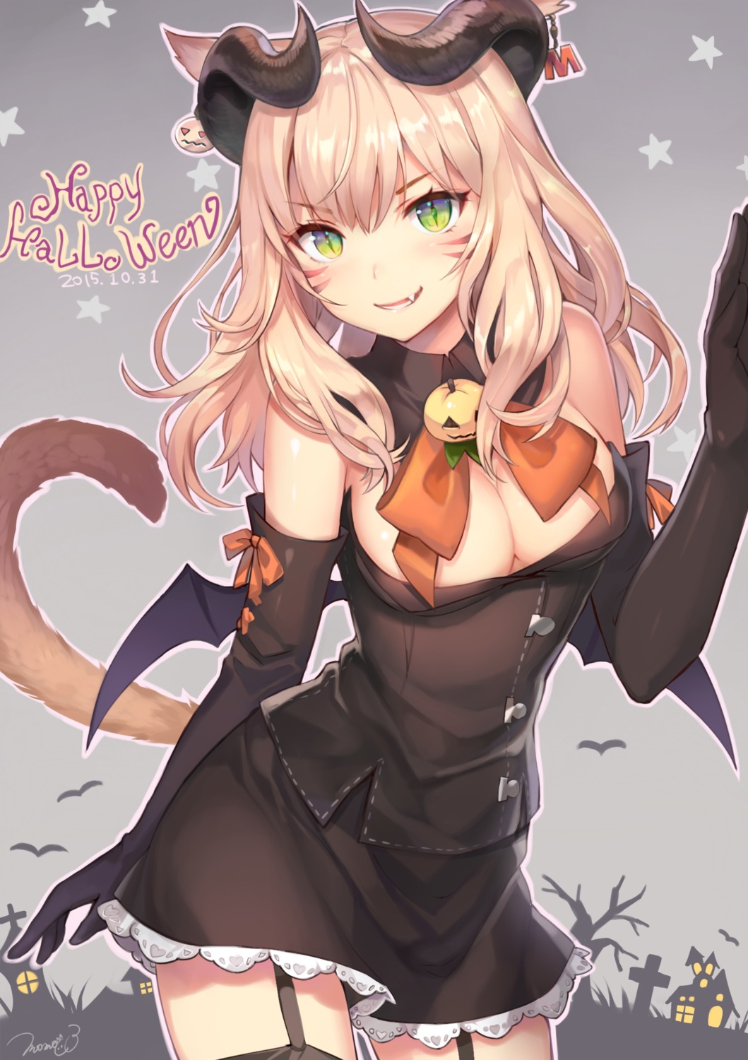 animal_ears cleavage final_fantasy final_fantasy_xiv halloween horns miqo'te momoko_(momopoco) nekomimi stockings tail thighhighs wings