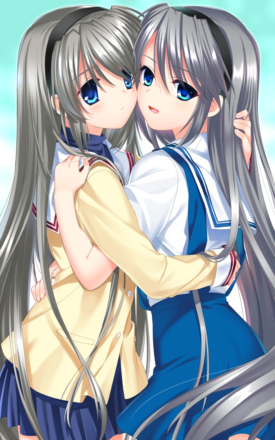 clannad otou_(otou_san) sakagami_tomoyo seifuku sweater symmetrical_docking tomoyo_after_~it's_a_wonderful_life~ yuri