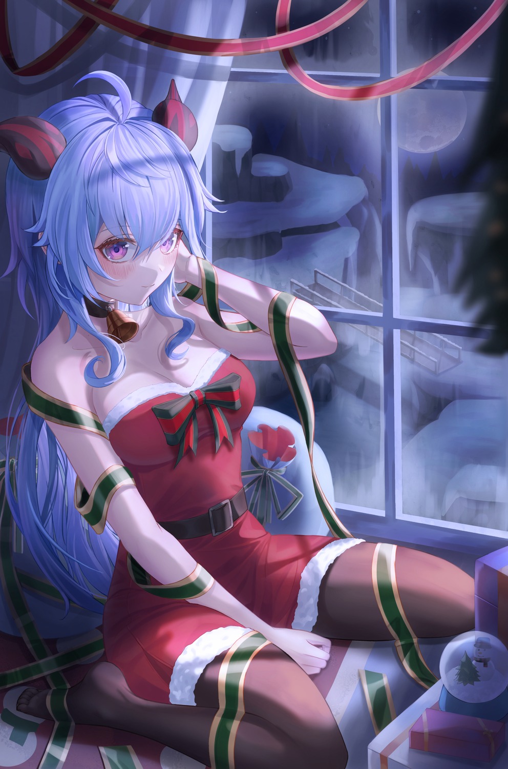 christmas cleavage dress ganyu genshin_impact horns no_bra pantyhose slime_nyang