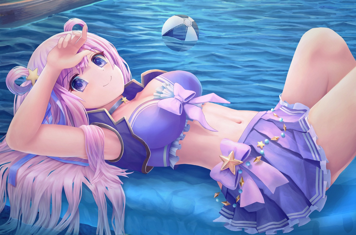 bikini_top cleavage kashiwazaki_hatsune open_shirt princess_connect! princess_connect!_re:dive skirt_lift swimsuits tamikko