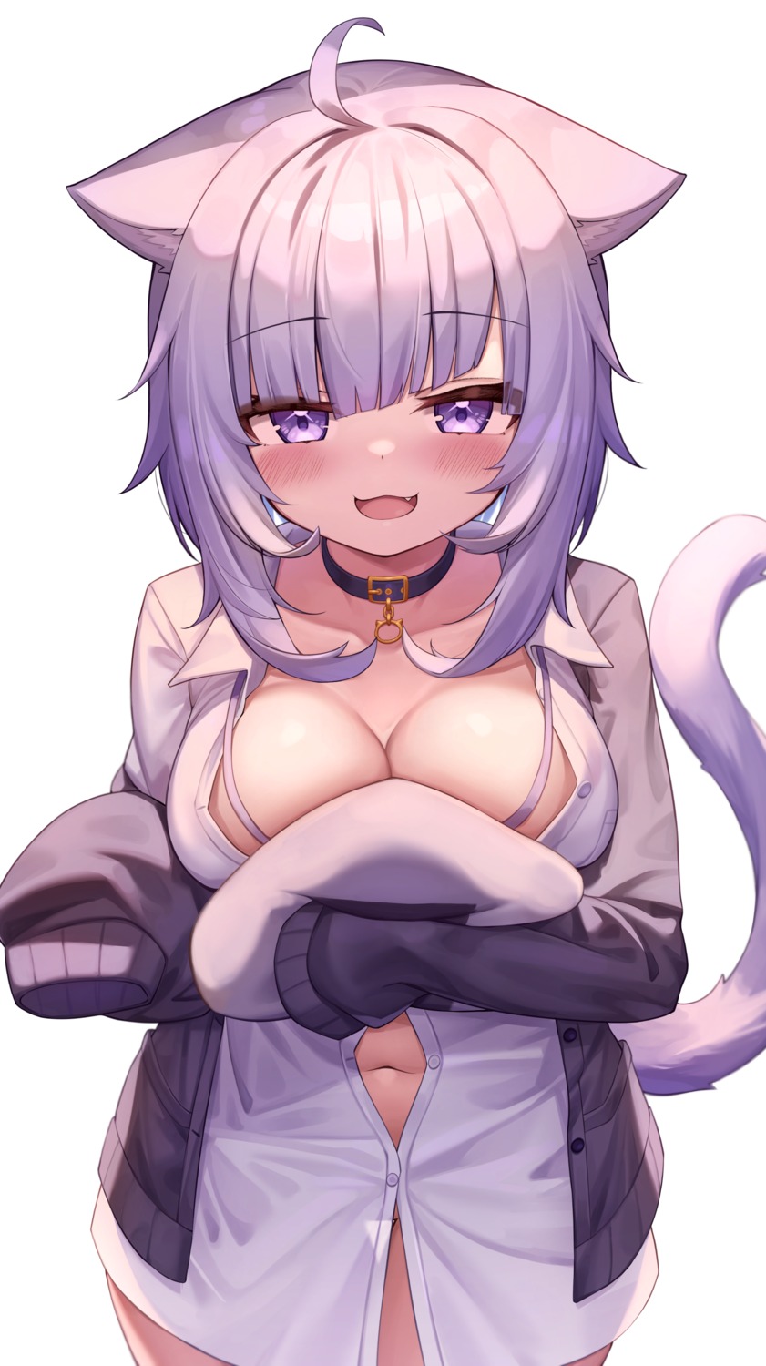 animal_ears bottomless breast_hold deaver dress_shirt hololive hololive_gamers nekomata_okayu nekomimi no_bra open_shirt sweater tail