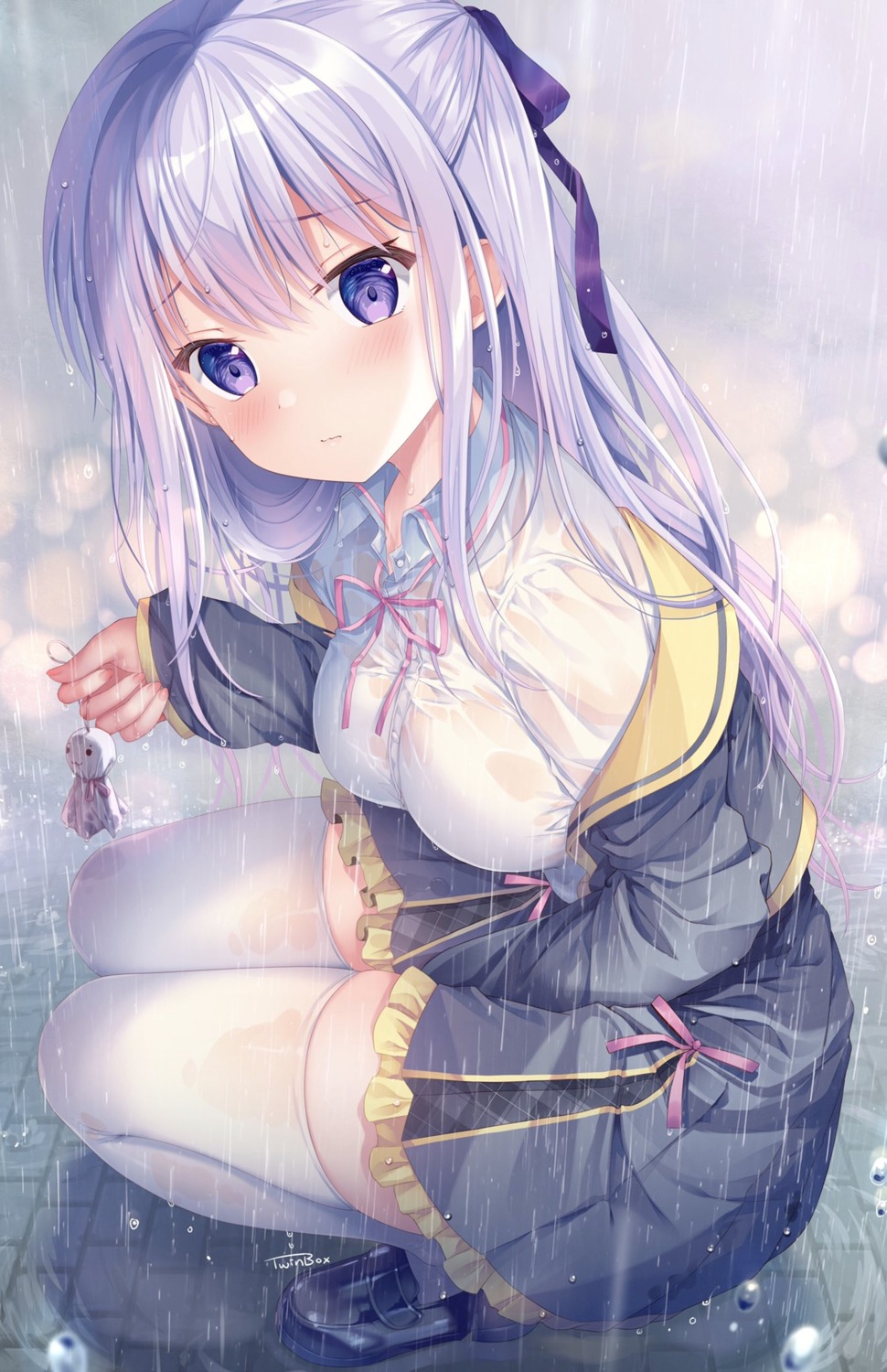 hiiragi_asuka_(twinbox) see_through seifuku thighhighs twinbox twinbox_school wet wet_clothes