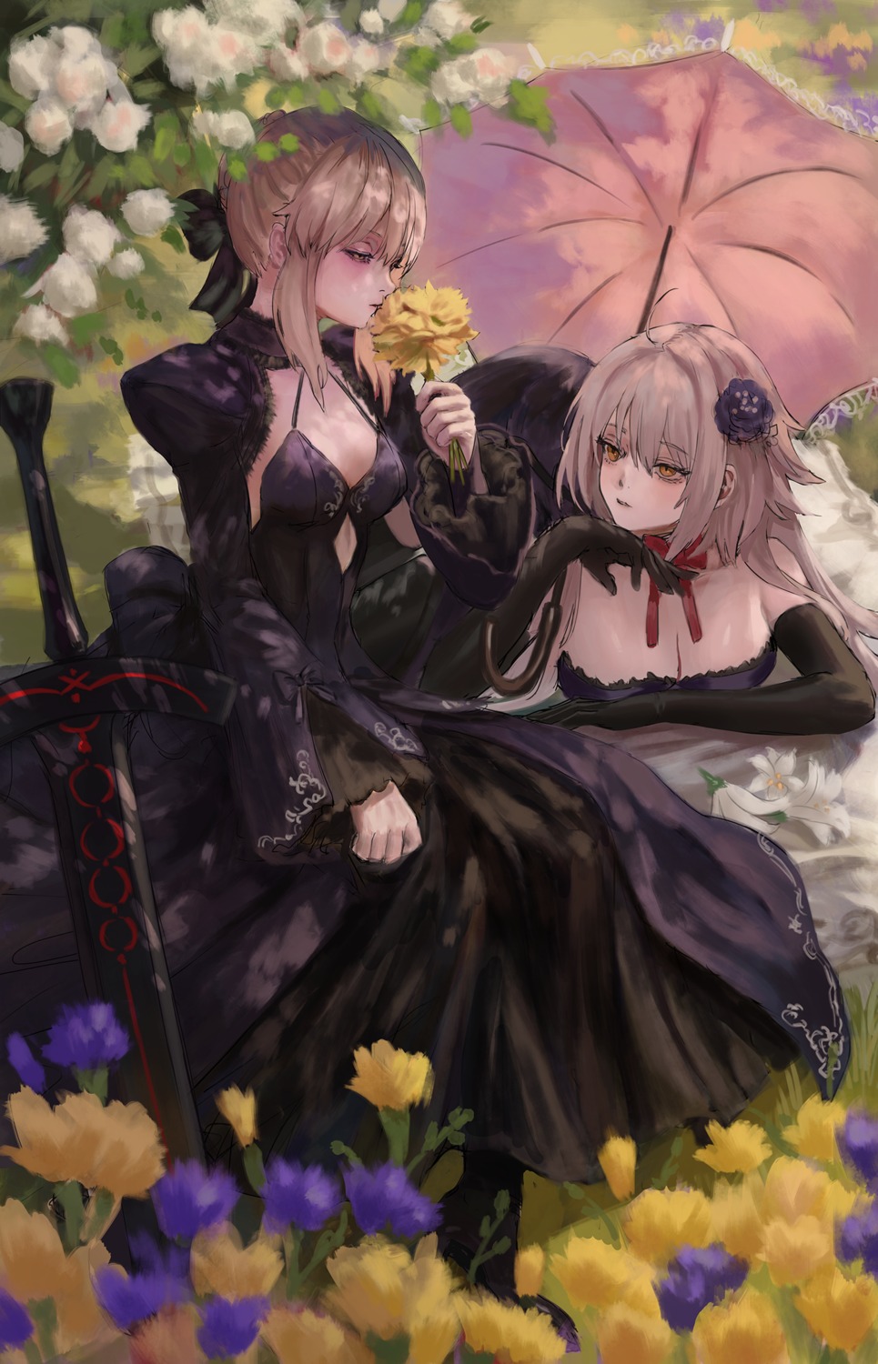 dress fate/grand_order gold_can jeanne_d'arc jeanne_d'arc_(alter)_(fate) no_bra saber saber_alter sword umbrella