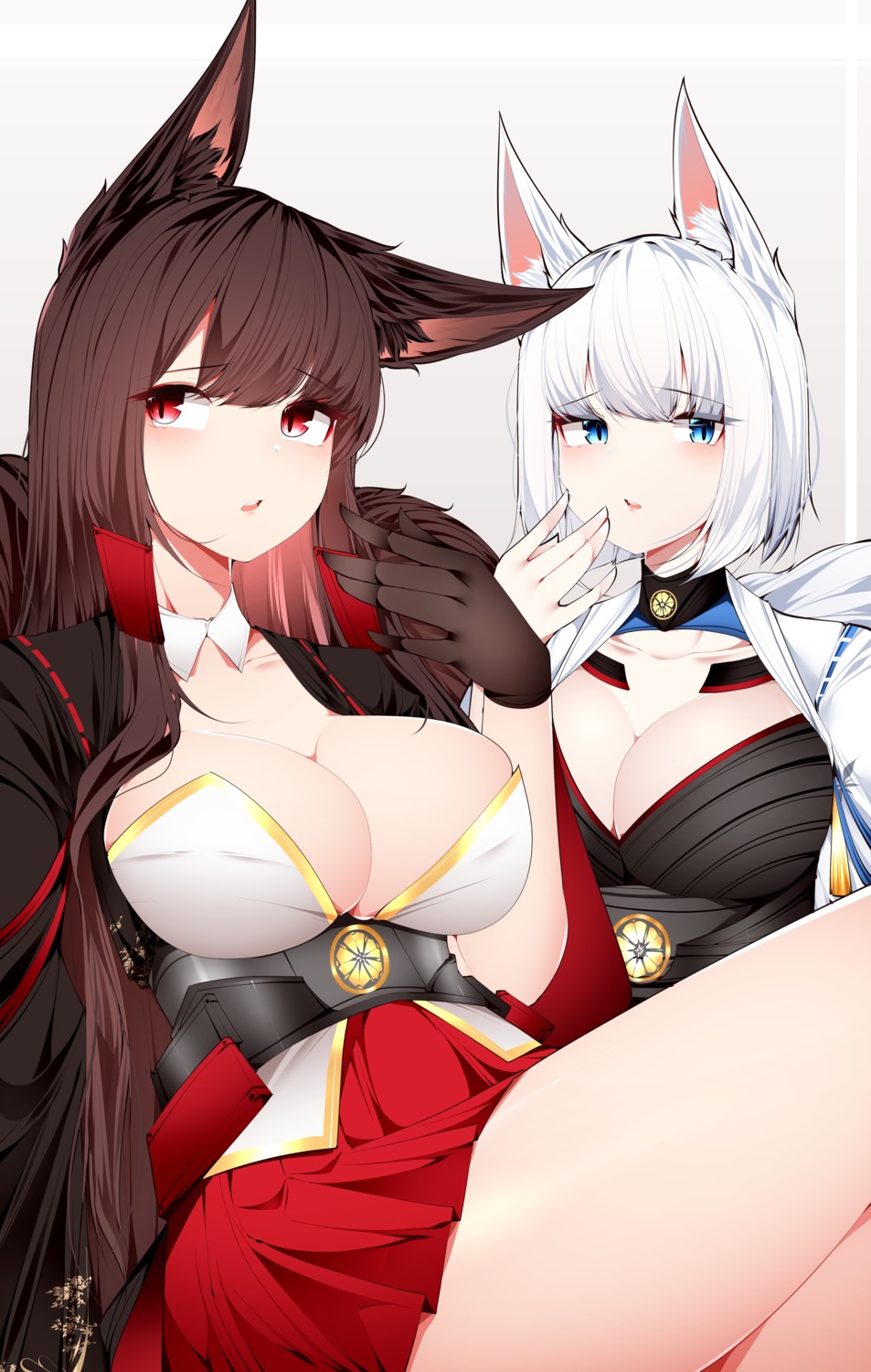 akagi_(azur_lane) animal_ears azur_lane japanese_clothes kaga_(azur_lane) kitsune no_bra samip tail