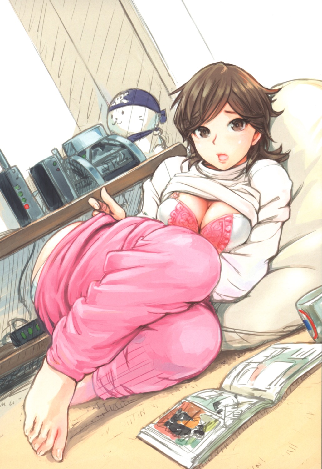 bra carina_(xiao_woo) cleavage feet shirt_lift undressing