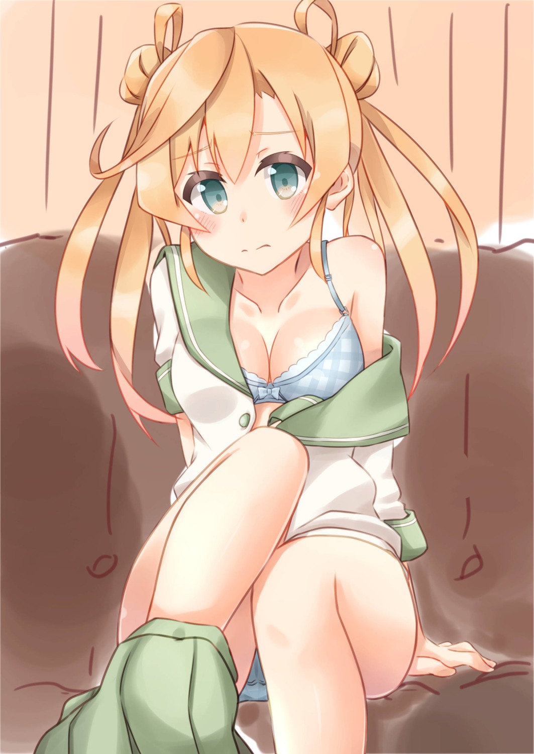 abukuma_(kancolle) bra cleavage kantai_collection kapatarou open_shirt pantsu seifuku