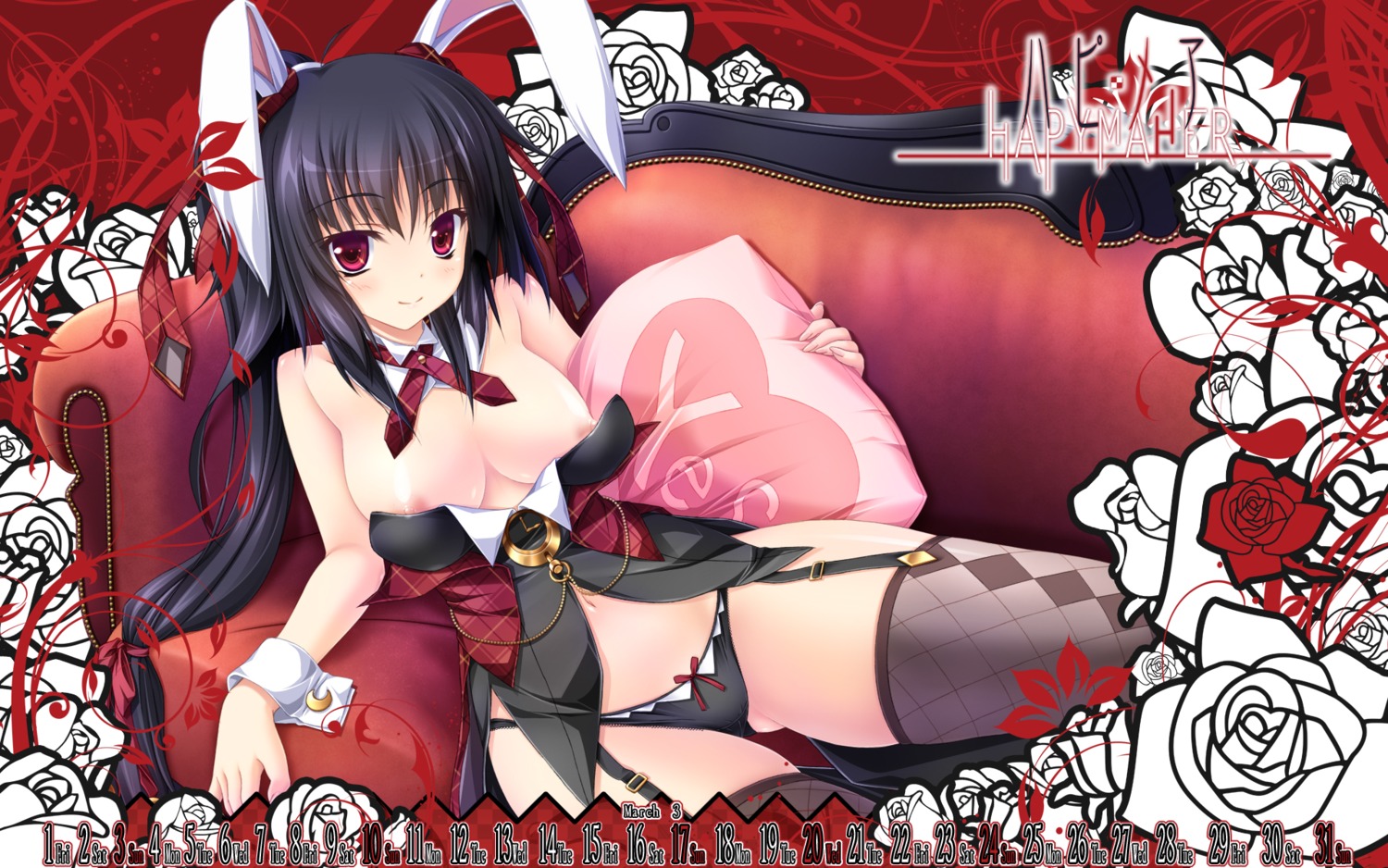 animal_ears bunny_ears bunny_girl calendar cleavage hapymaher hasuno_saki nipple_slip pantsu purple_software stockings thighhighs tsukimori_hiro wallpaper