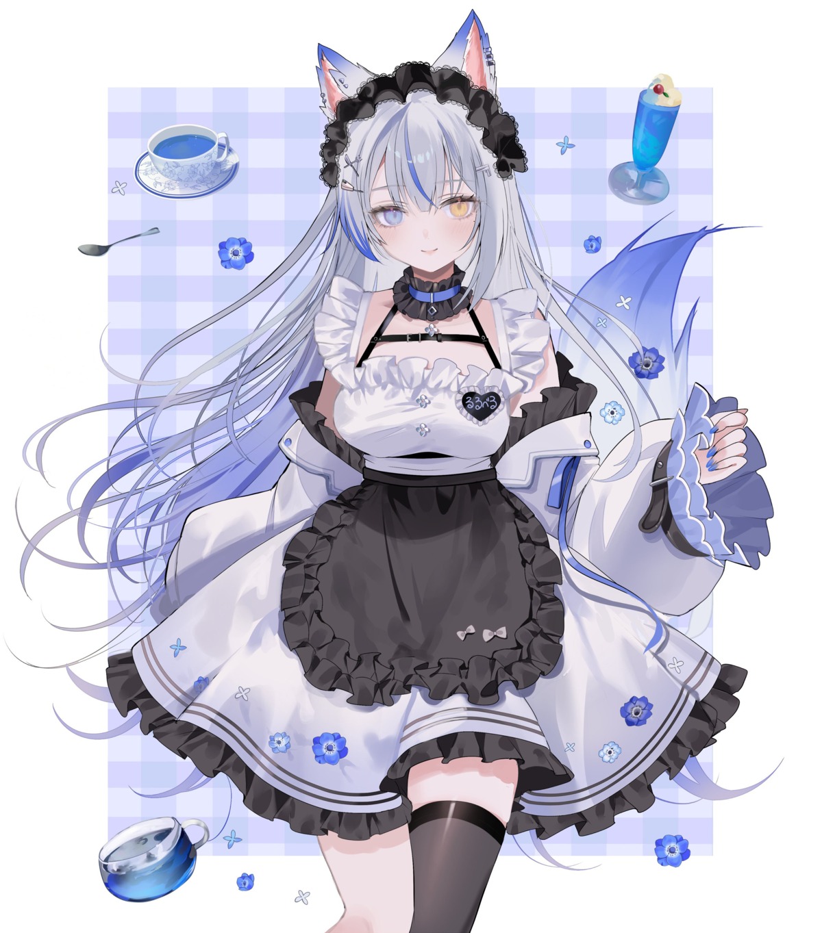 animal_ears cem detexted heterochromia indie_virtual_youtuber lulebel maid tail thighhighs waitress