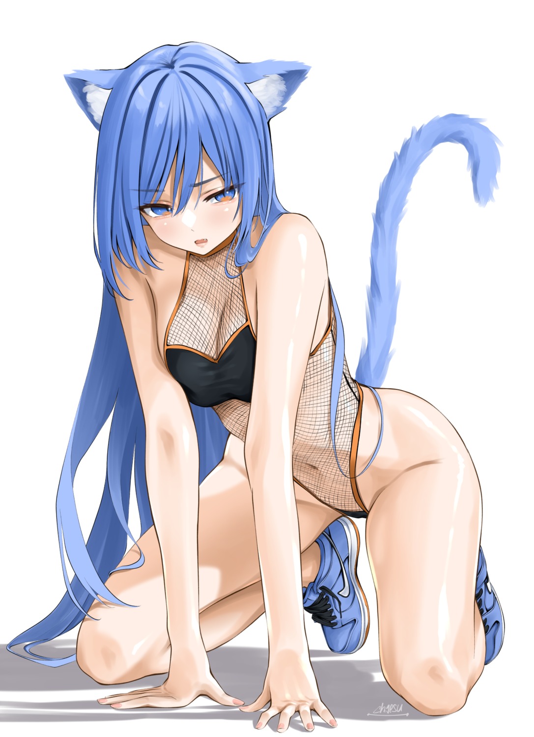 animal_ears chaesu fishnets leotard minah_(chaesu) nekomimi no_bra tail