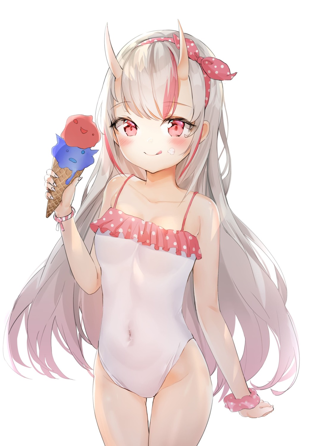 cleavage cream hololive horns nakiri_ayame shancha swimsuits