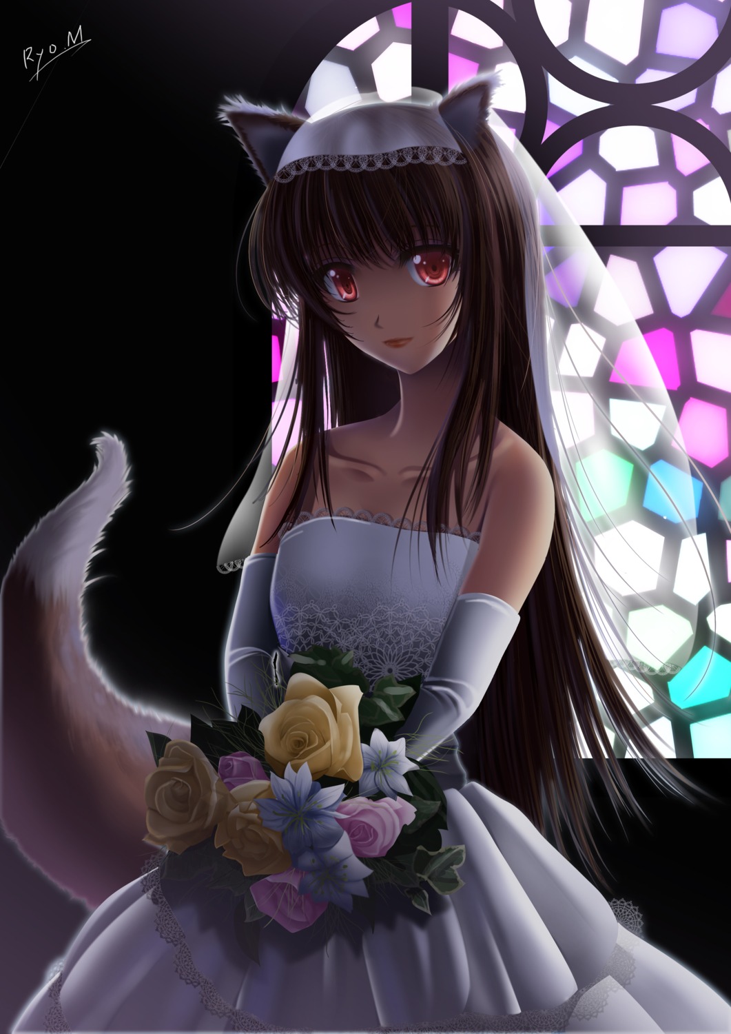 animal_ears dress holo minazuki_ryou spice_and_wolf tail wedding_dress