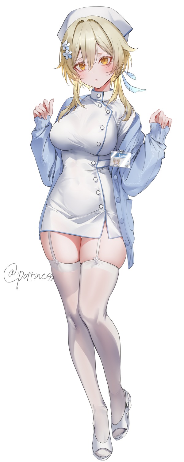 genshin_impact heels lumine nurse pottsness stockings sweater thighhighs