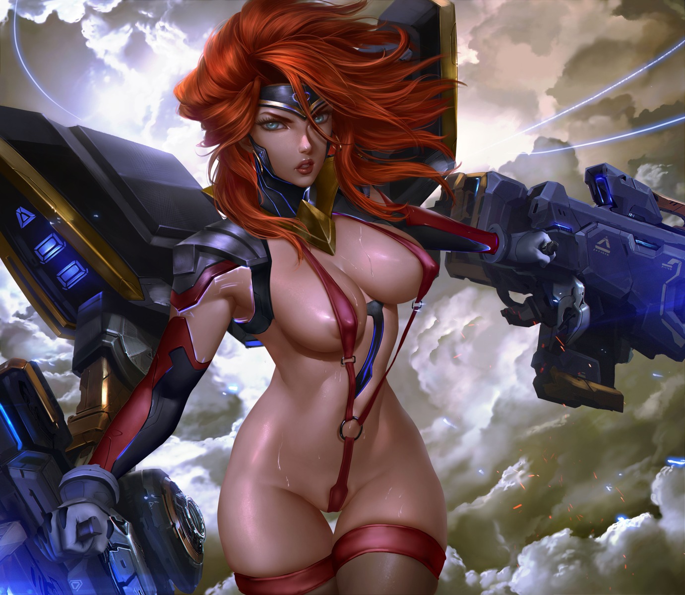areola erect_nipples gun league_of_legends logan_cure miss_fortune sling_bikini swimsuits thighhighs