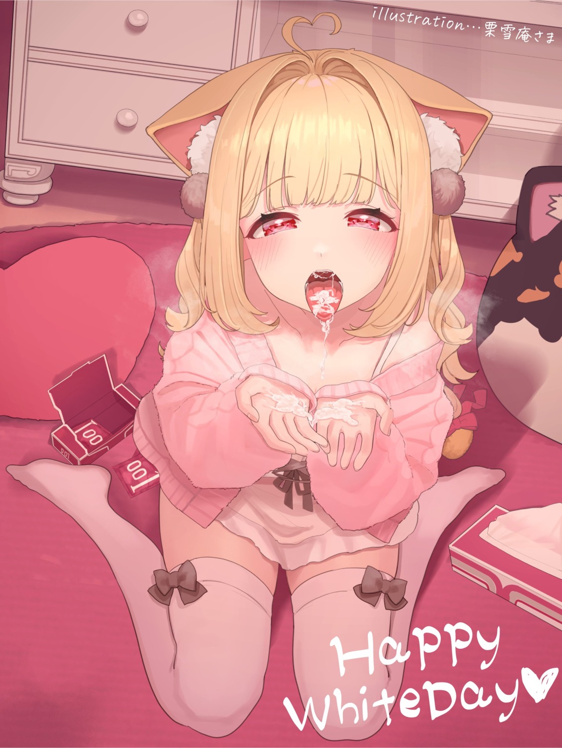 animal_ears cum kemomimi_refle! kuyukian3 nekoma_karin nekomimi sweater thighhighs valentine