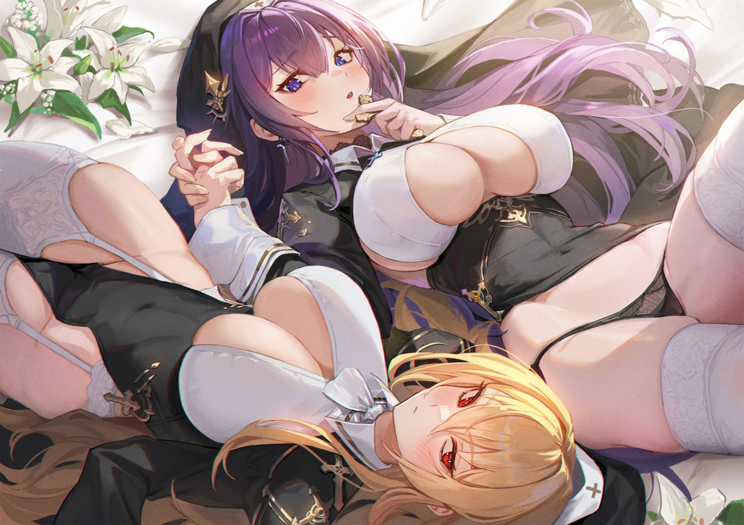 f.k_(hs225kr) no_bra nopan nun pantsu sayuri_(k_pring) shiroki_yuna skirt_lift stockings thighhighs