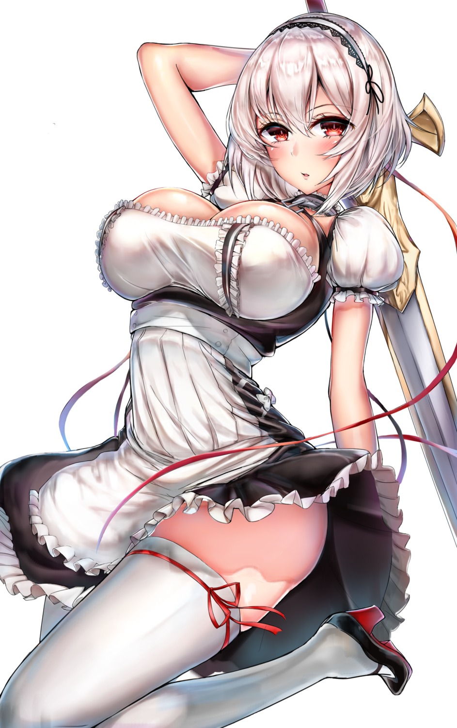 azur_lane cleavage coda_(simon1995) heels maid sirius_(azur_lane) skirt_lift sword thighhighs