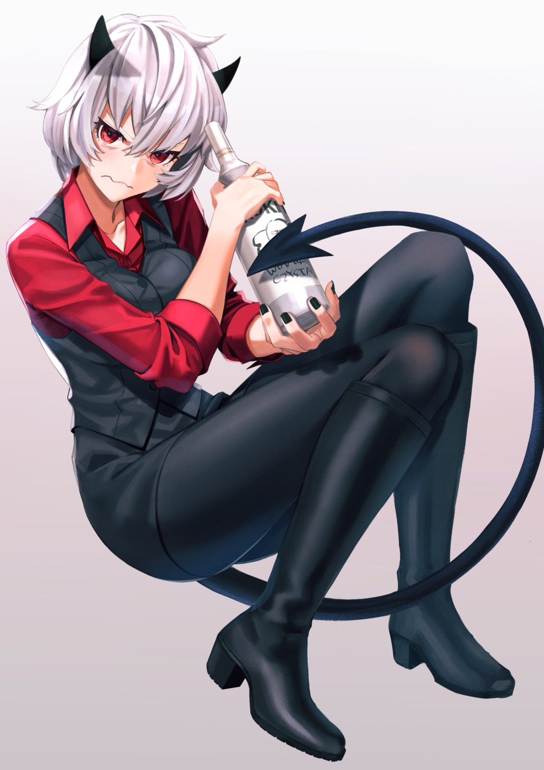 business_suit heels helltaker horns malina_(helltaker) pantyhose tail yoiyoi_uruu