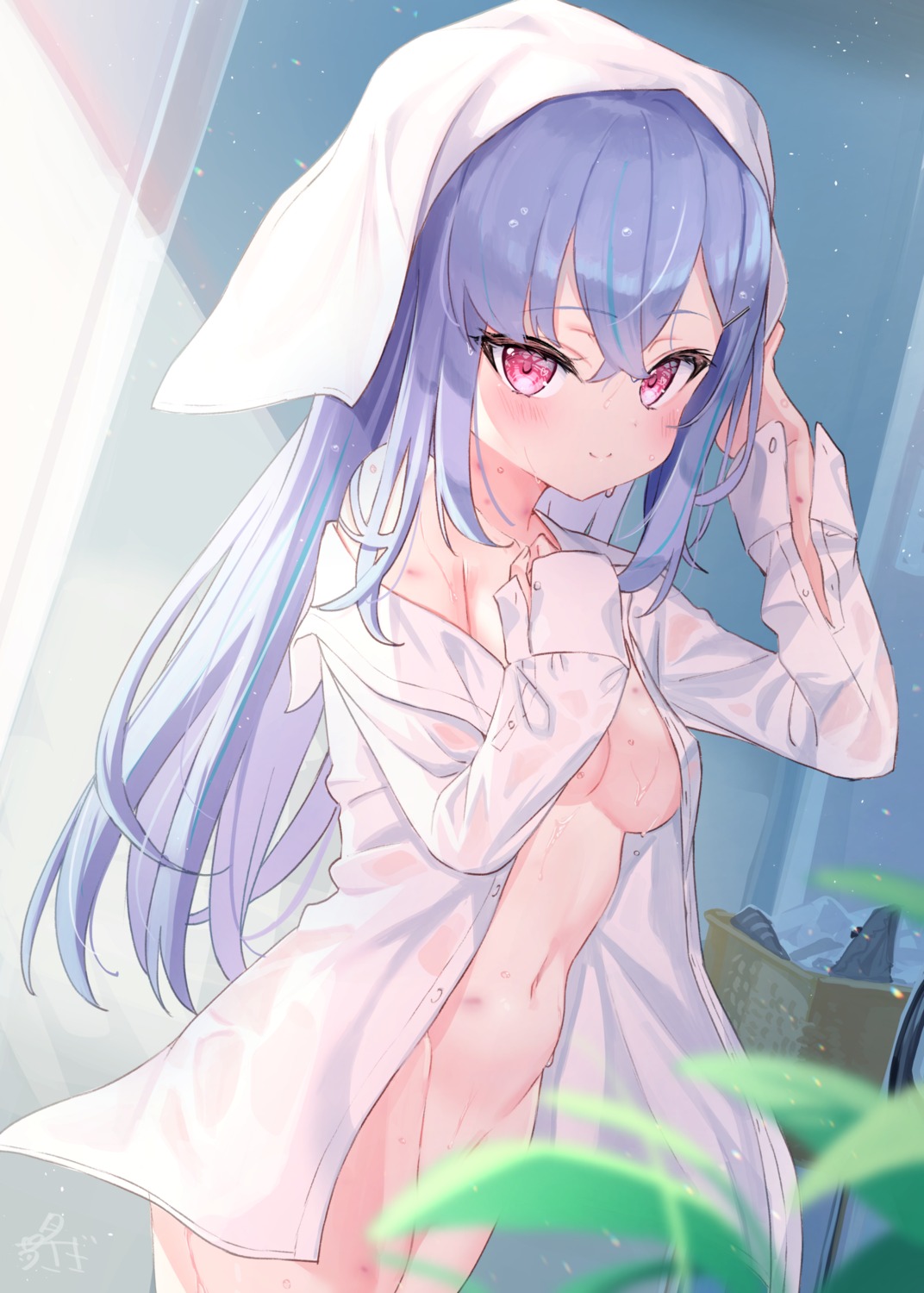 bottomless dress_shirt no_bra open_shirt see_through tsuki_usagi wet wet_clothes