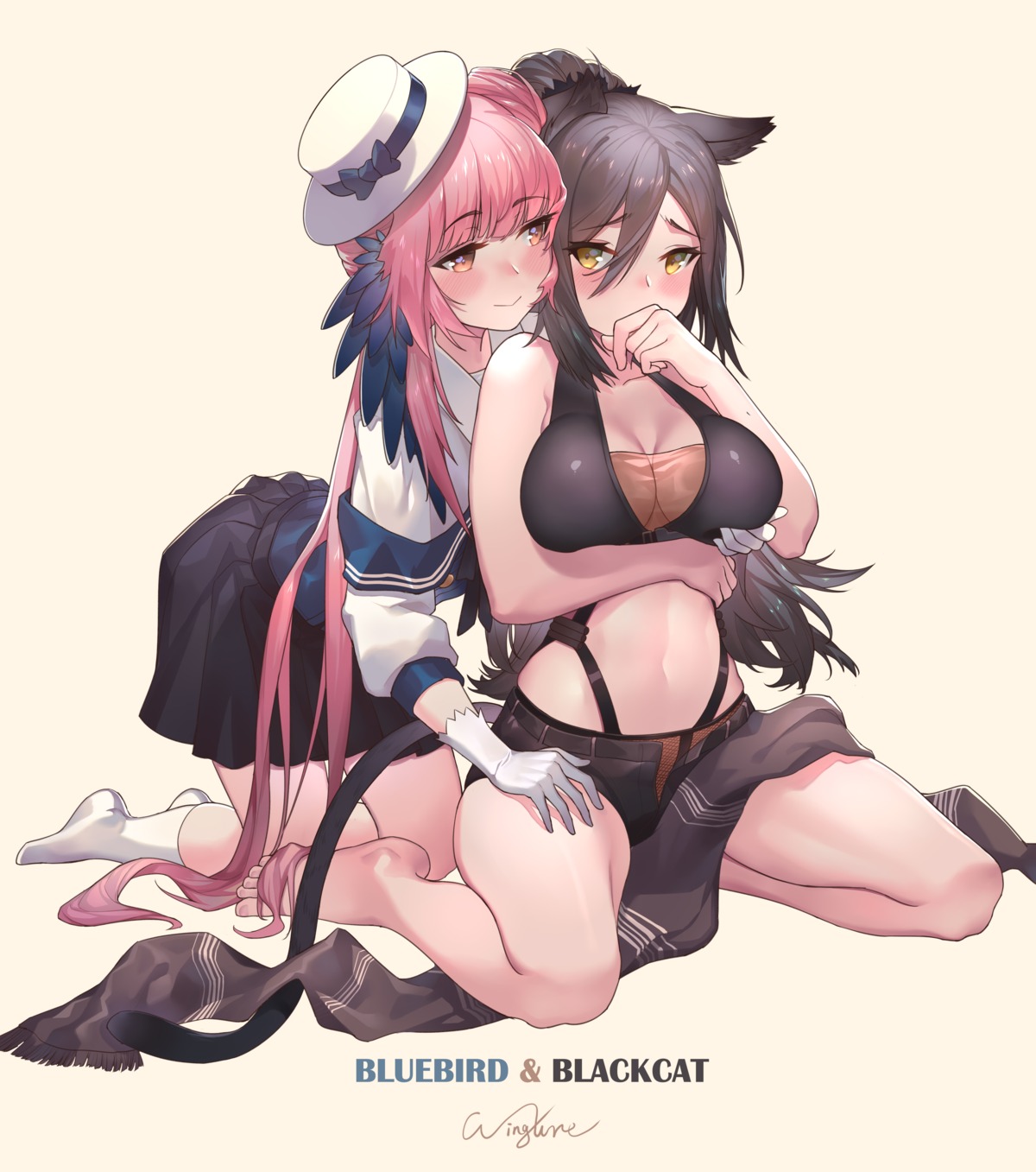 animal_ears arknights breast_hold ceylon_(arknights) cleavage schwarz_(arknights) see_through tail wingure yuri