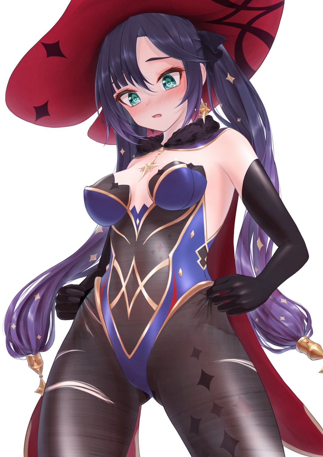 bae.c genshin_impact leotard mona_megistus no_bra pantyhose torn_clothes witch