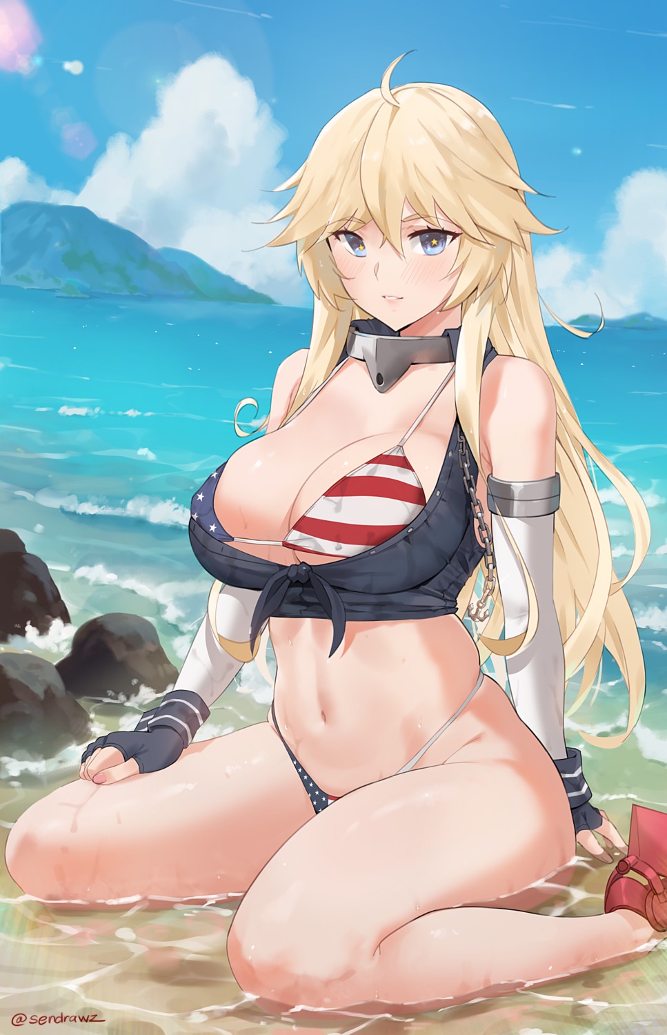 bikini cleavage heels iowa_(kancolle) kantai_collection open_shirt sendrawz swimsuits wet