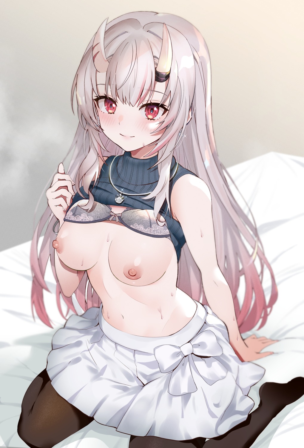 bra breasts hololive horns nakiri_ayame nipples pantyhose pukara shirt_lift sweater