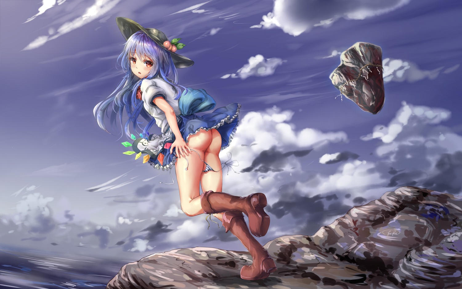 ass fii_fii_(feefeeowo) heels hinanawi_tenshi pantsu panty_pull shimapan skirt_lift string_panties touhou wardrobe_malfunction