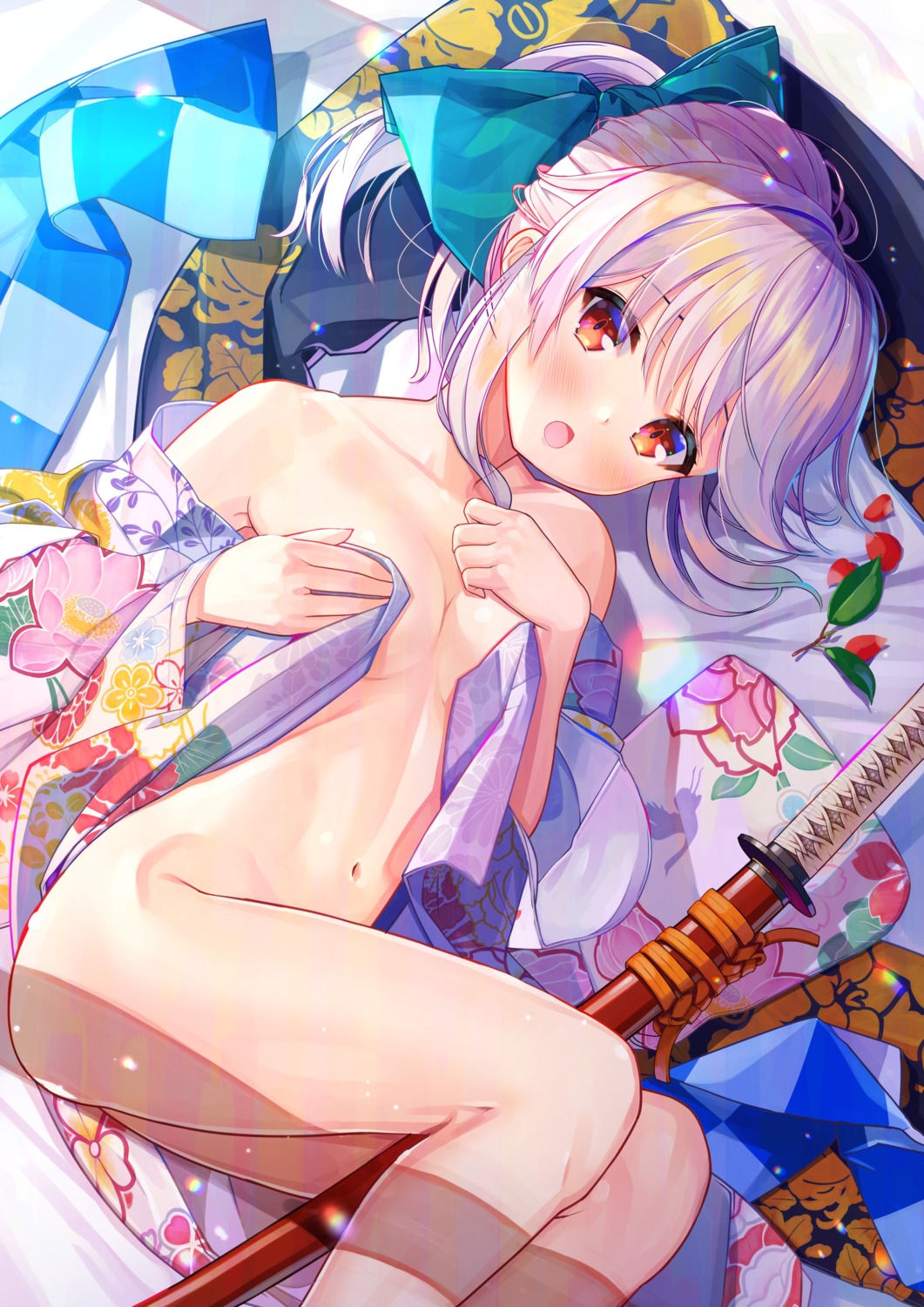 atori_(at-yui) breast_hold japanese_clothes no_bra nopan open_shirt sword