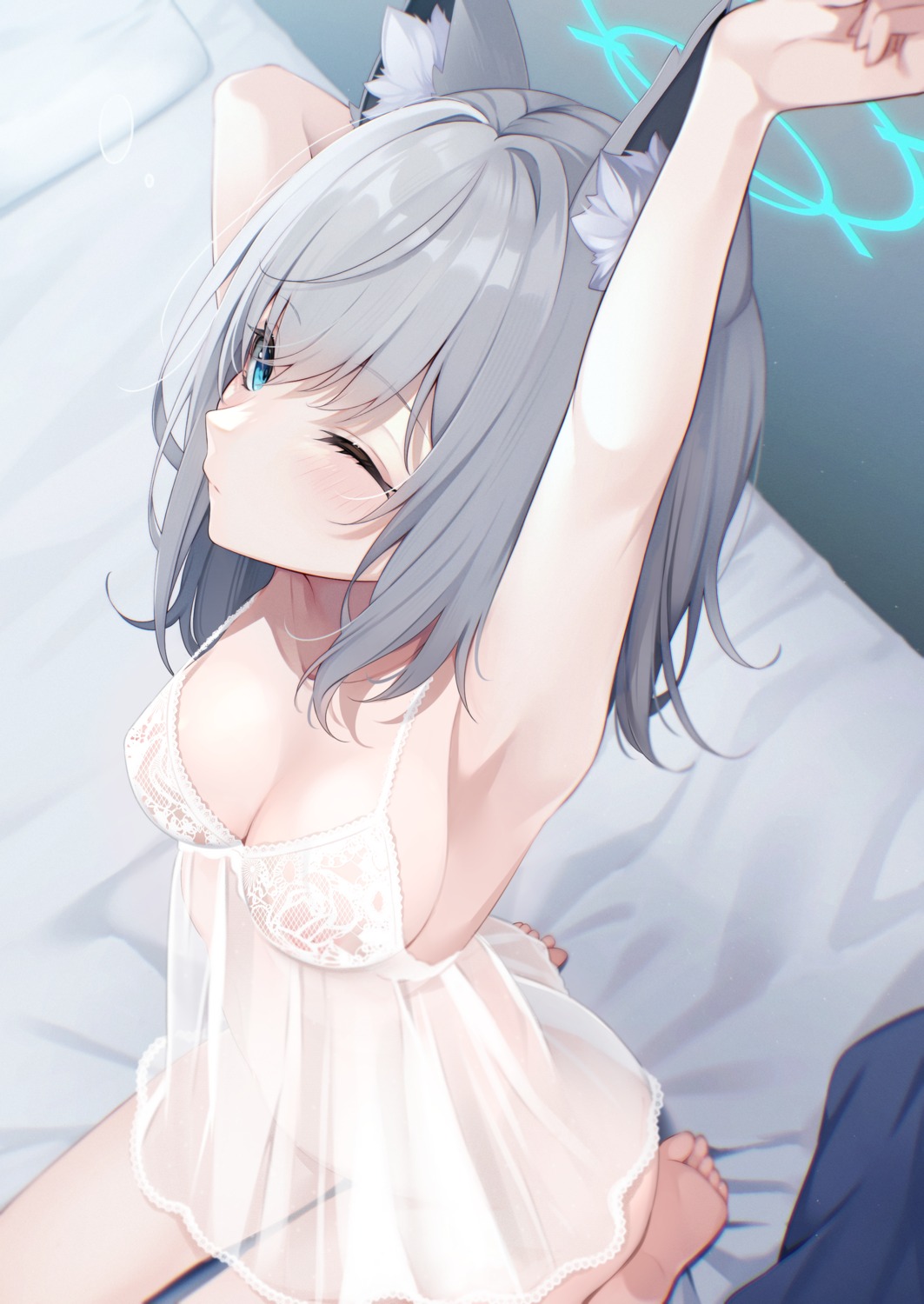 animal_ears blue_archive halo lingerie nekomimi sasakichi see_through sunaookami_shiroko