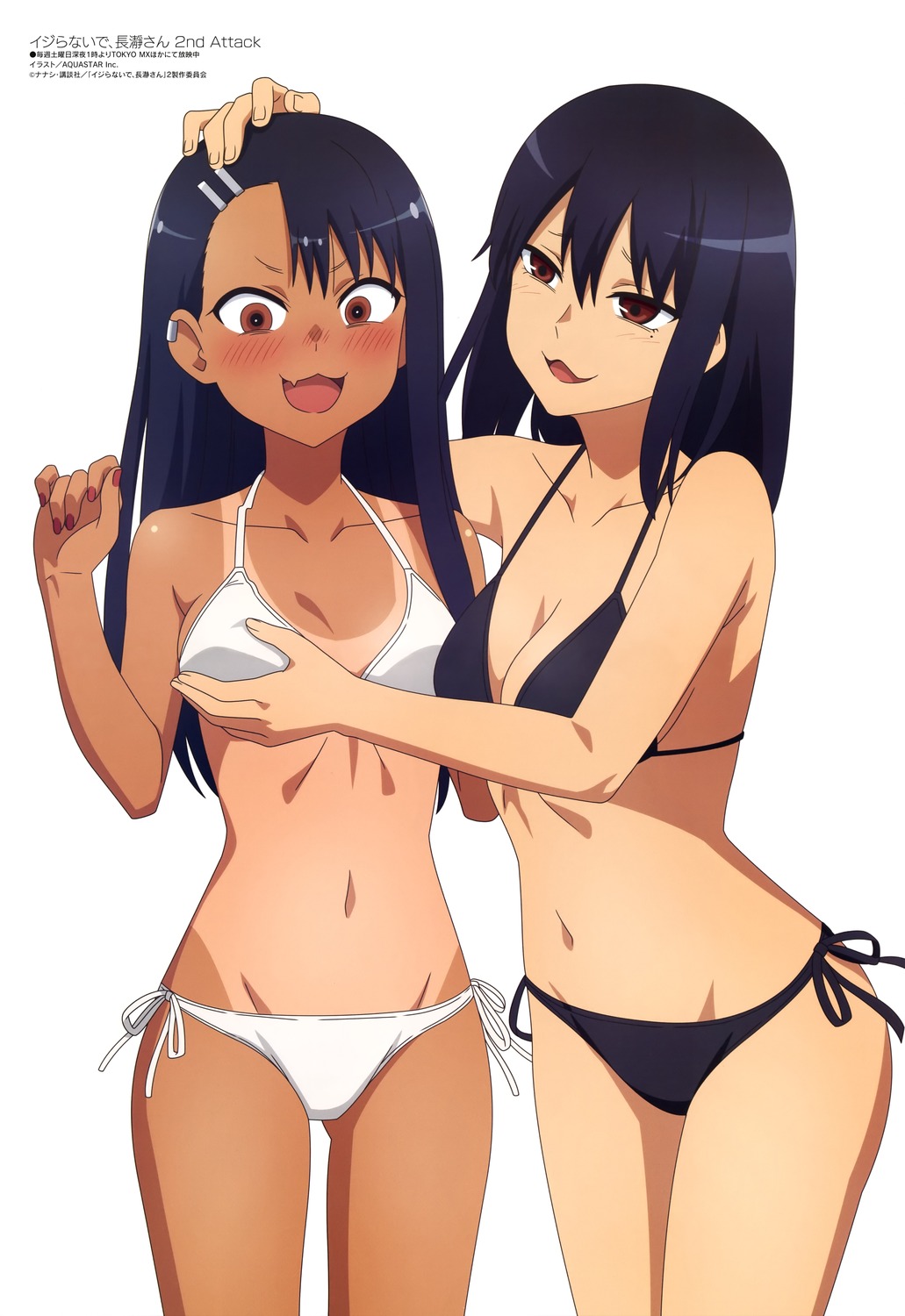 aquastar_inc. bikini breast_grab ijiranaide_nagatoro-san nagatoro_hayase nagatoro_misaki swimsuits tan_lines yuri