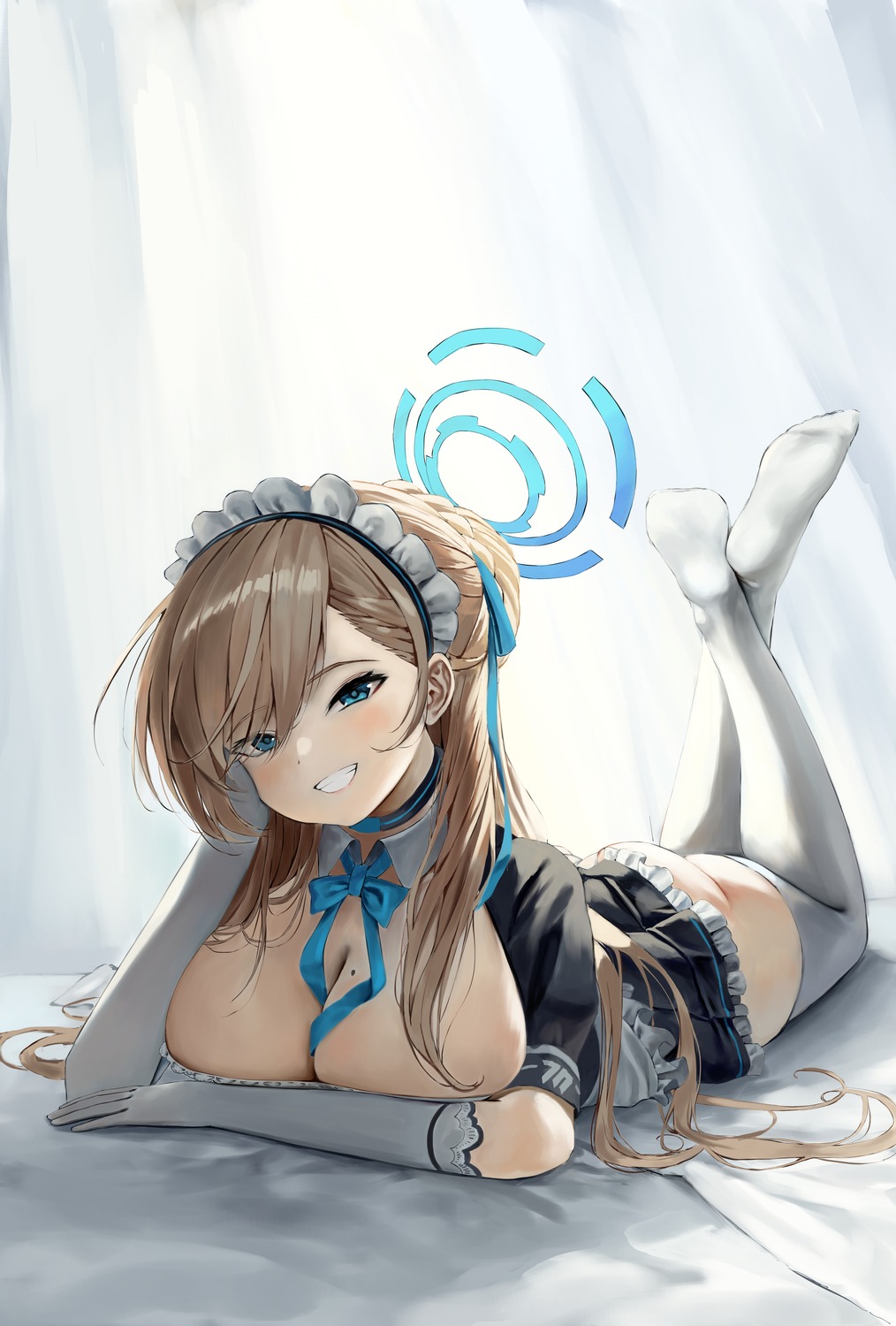 blue_archive feet halo ichinose_asuna maid no_bra nonekong thighhighs