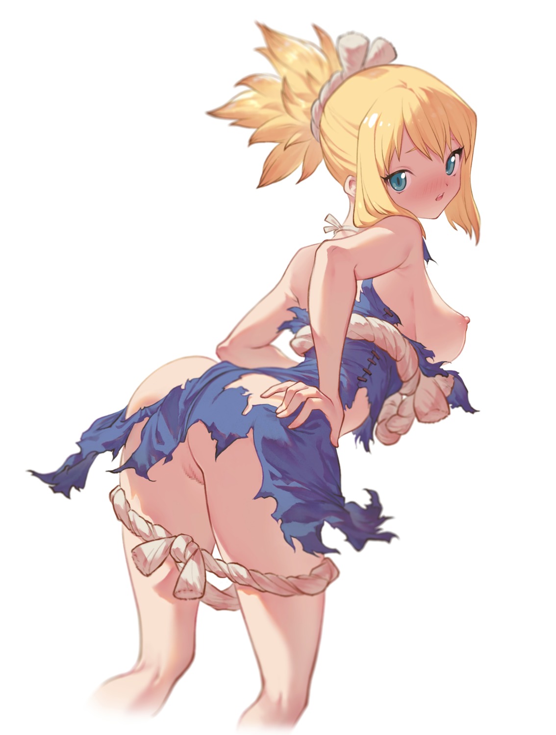 ass breasts censored dr._stone kohaku_(dr._stone) nipples no_bra nopan pussy sanooxo torn_clothes