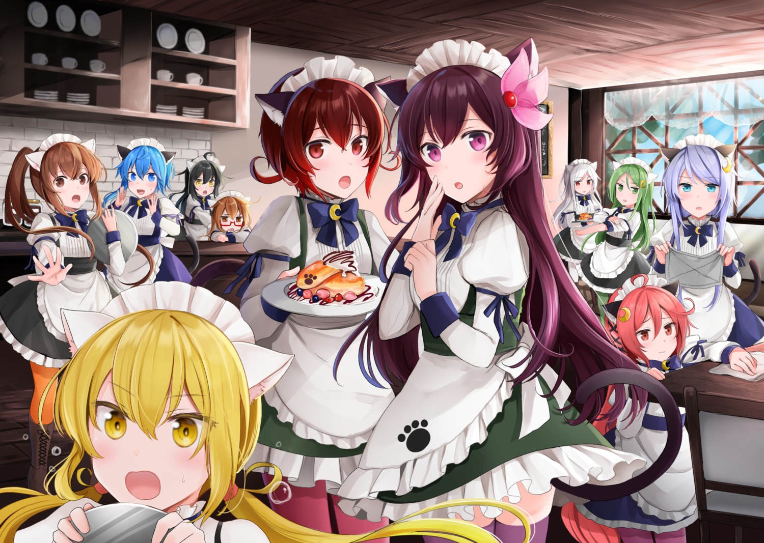 animal_ears fumizuki_(kancolle) kantai_collection kikuzuki_(kancolle) kisaragi_(kancolle) maid megane mikazuki_(kancolle) minazuki_(kancolle) mochizuki_(kancolle) mutsuki_(kancolle) nagatsuki_(kancolle) nekomimi pantyhose satsuki_(kancolle) tail thighhighs uzuki_(kancolle) waitress yayoi_(kancolle) yunamaro