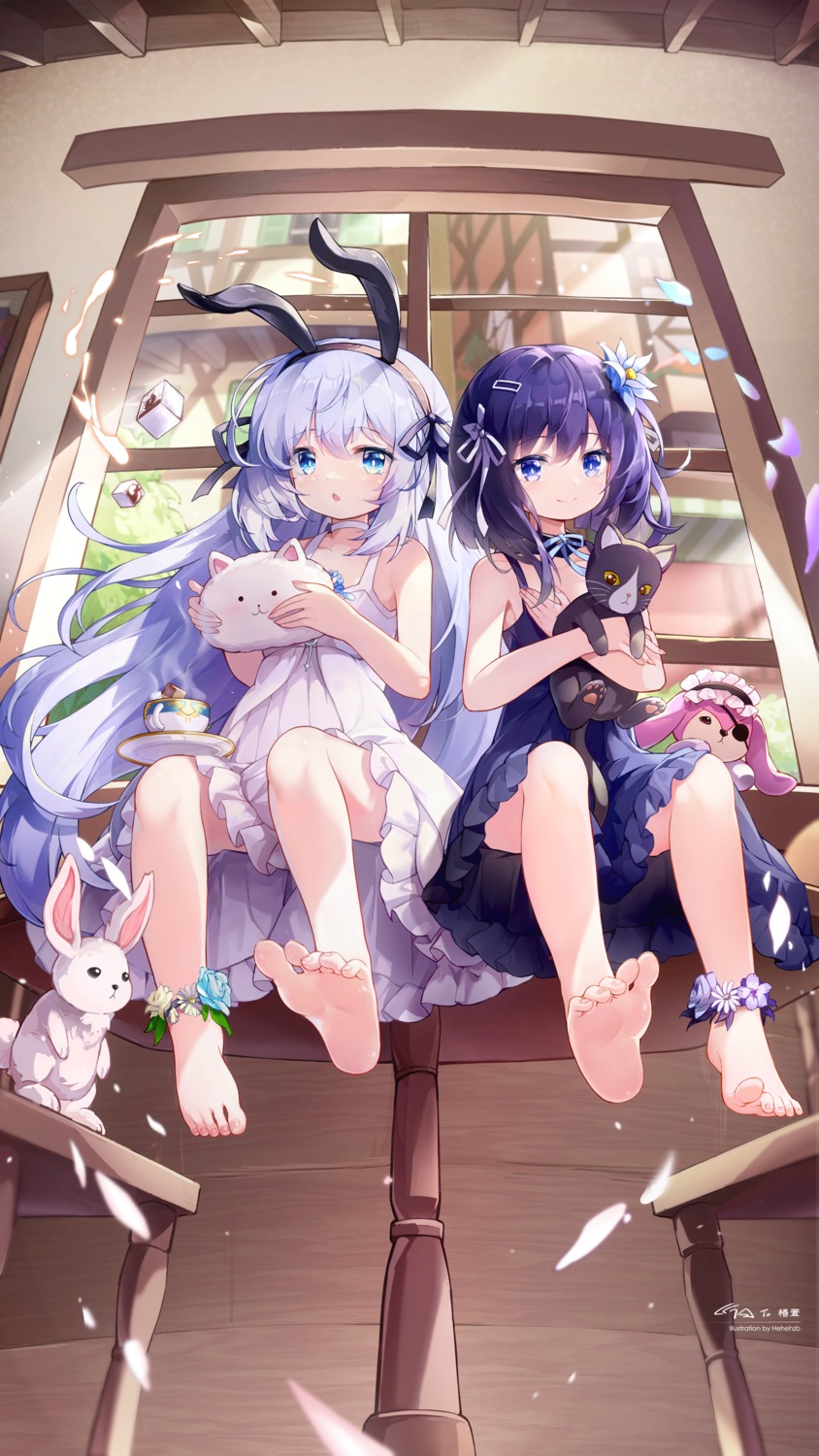 animal_ears bunny_ears eyepatch feet fuiba_fuyu gochuumon_wa_usagi_desu_ka? hehehzb kafuu_chino lingerie loli neko skirt_lift tippy_(gochiusa)