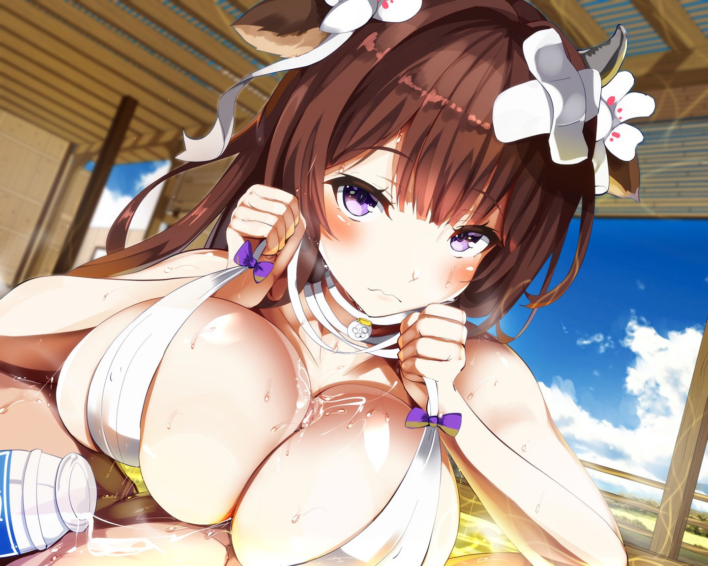 animal_ears azur_lane bikini_top censored cream cum horns kashino_(azur_lane) paizuri penis swimsuits takashia_(akimototakashia) wet