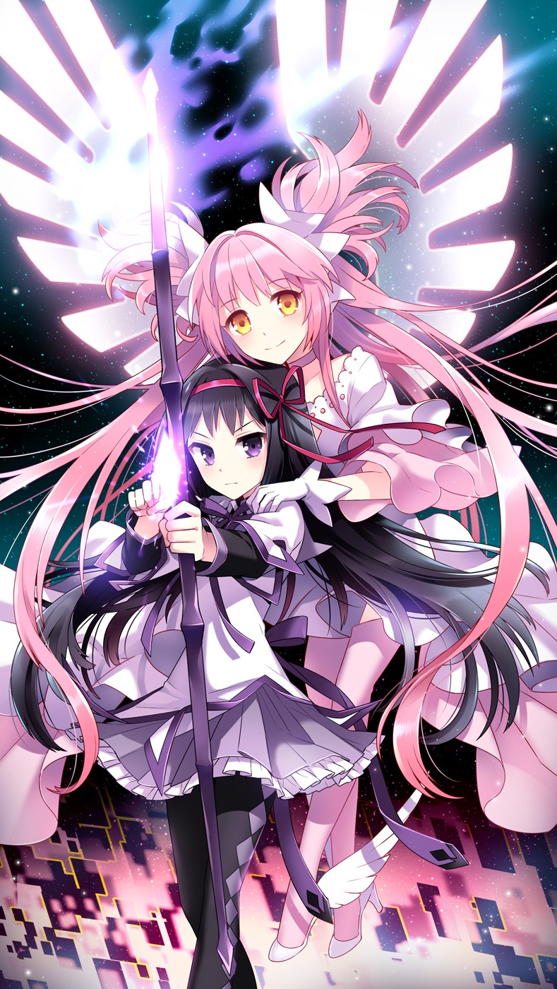 akemi_homura dress kaname_madoka nardack pantyhose puella_magi_madoka_magica seifuku thighhighs ultimate_madoka wings