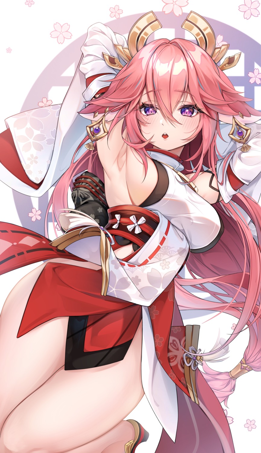 animal_ears erect_nipples genshin_impact heels japanese_clothes kitsune no_bra pruding yae_miko