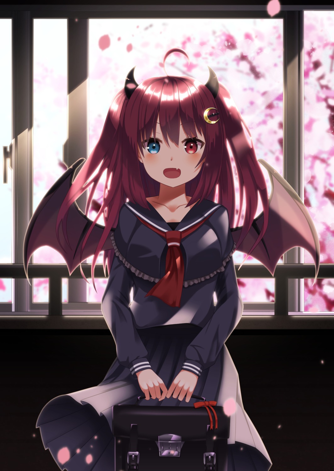 heterochromia horns nijisanji pesamaru seifuku skirt_lift wings yuzuki_roa