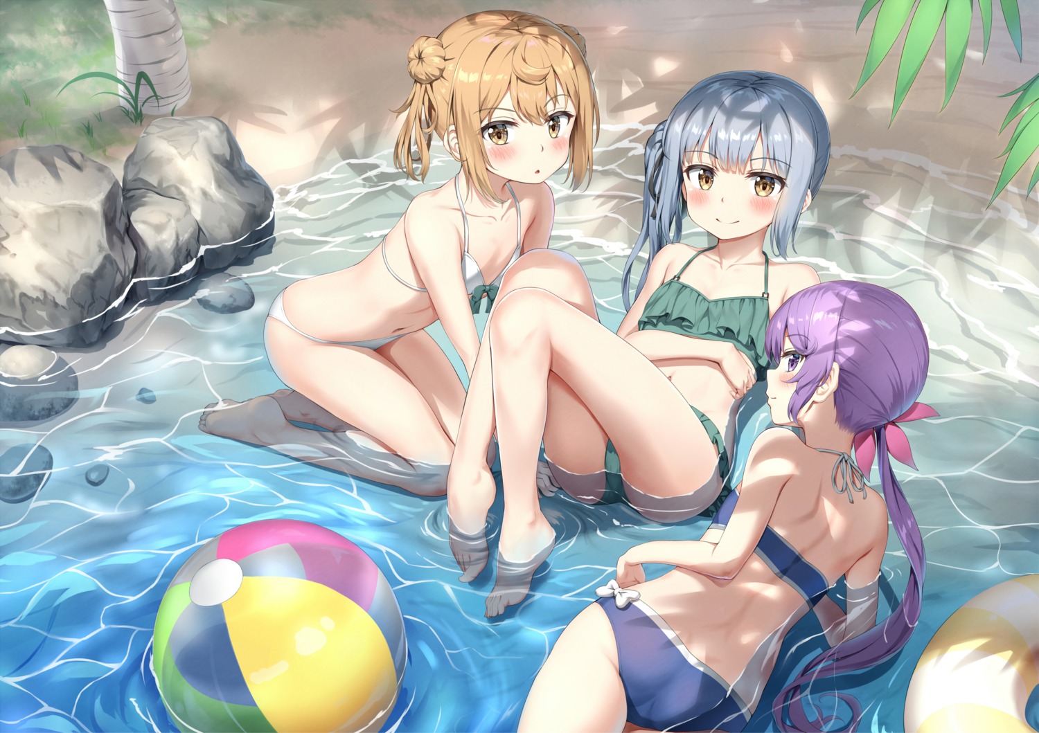 akebono_(kancolle) ass bikini kantai_collection kasumi_(kancolle) michishio_(kancolle) nedia_r swimsuits wet