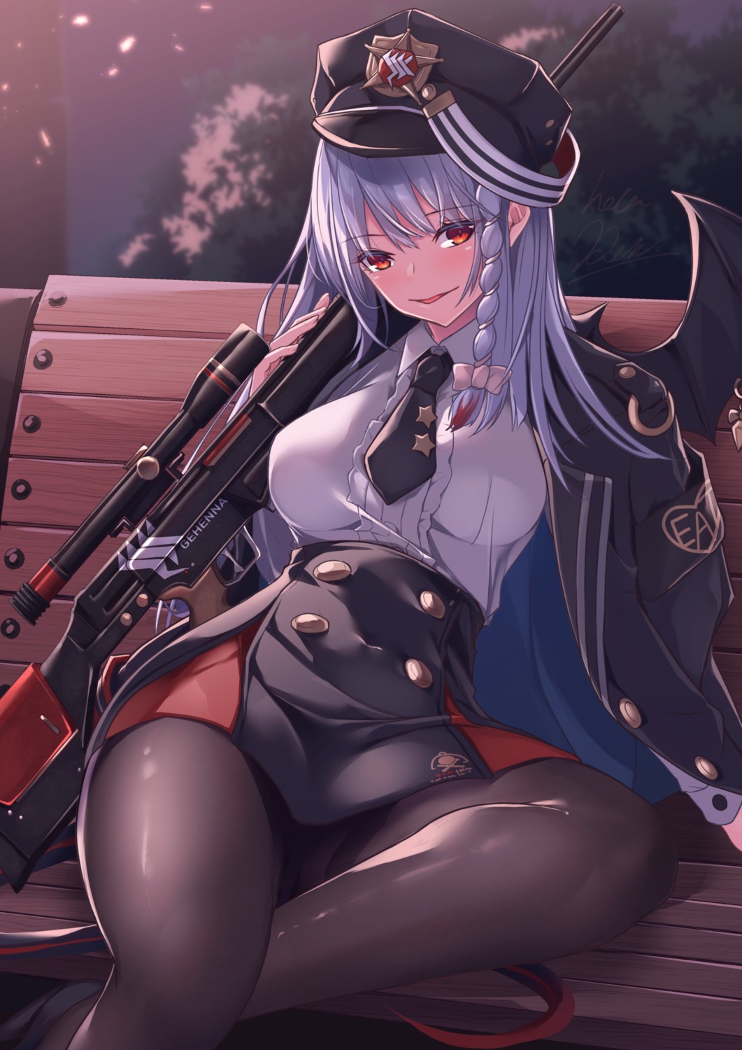 blue_archive devil gun hetaren_(ramark) kurodate_haruna pantyhose skirt_lift tail uniform wings