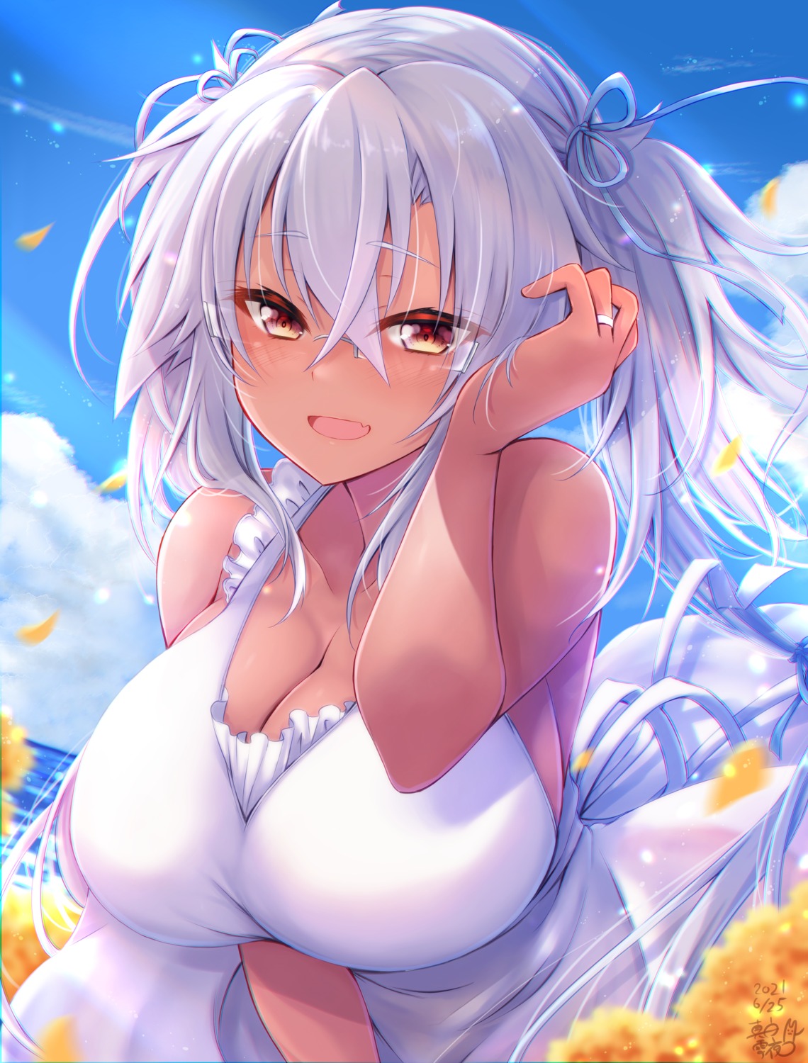 cleavage dress kantai_collection mashiro_yukiya megane musashi_(kancolle) no_bra skirt_lift summer_dress