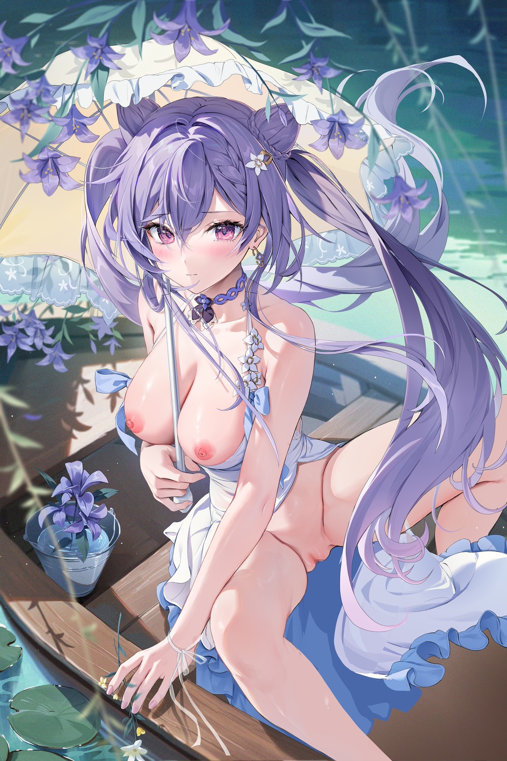 breasts censored dress genshin_impact houkisei keqing nipples no_bra nopan pussy see_through umbrella